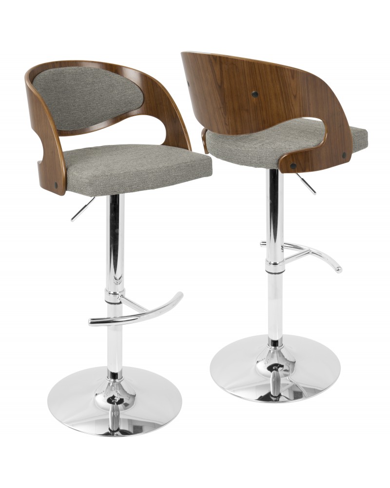 Pino Mid-Century Modern Adjustable Barstool with Swivel in Walnut and Grey Fabric