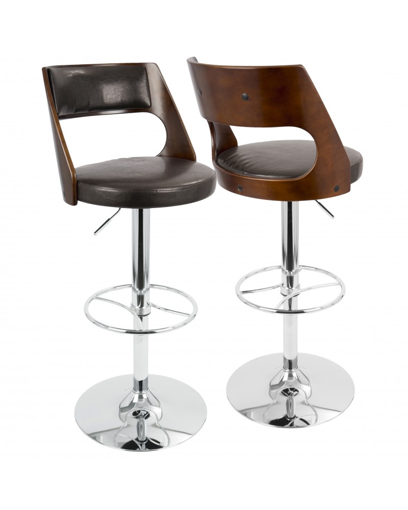 Presta Mid-Century Modern Adjustable Barstool with Swivel in Cherry and Brown Faux Leather