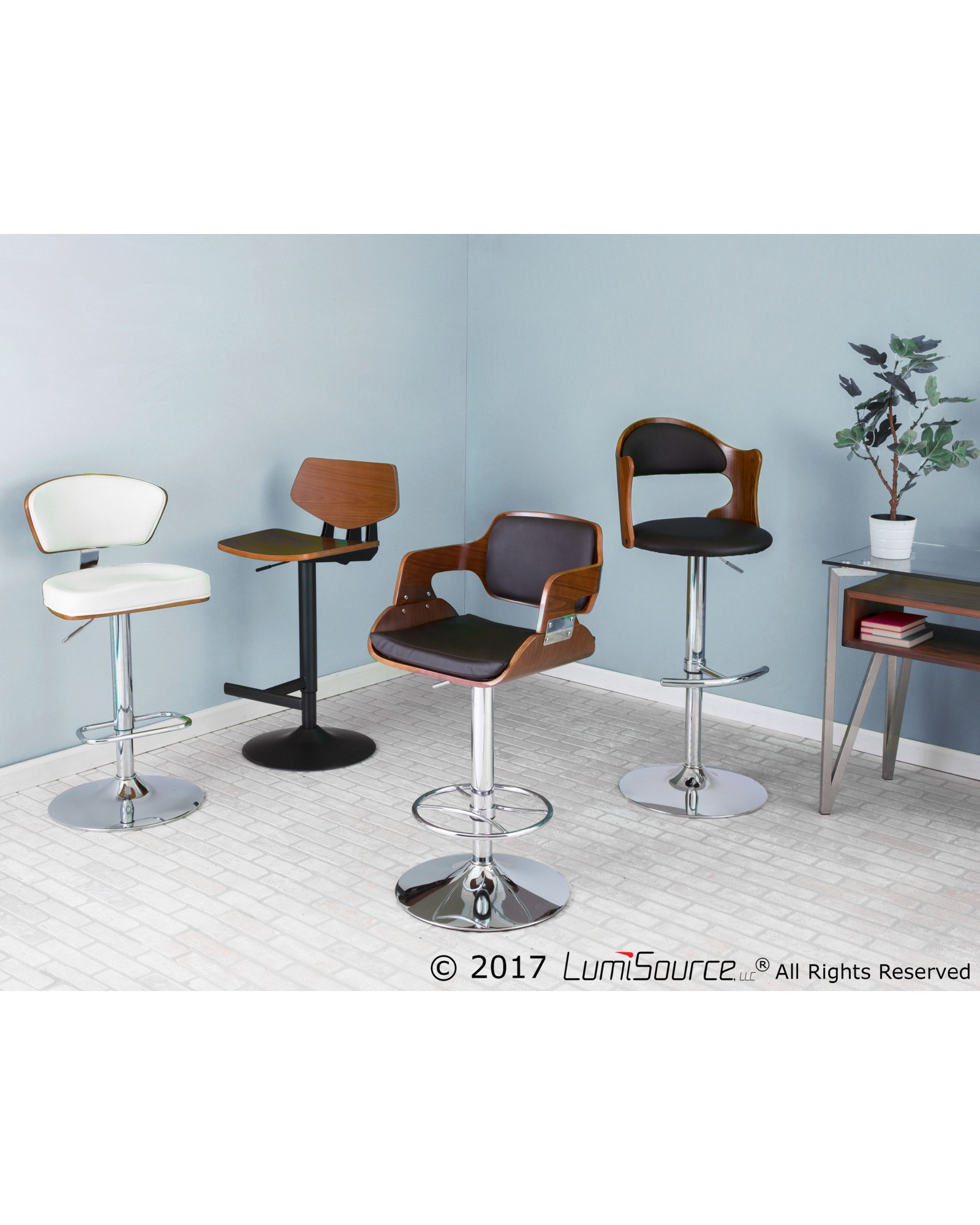 Ravinia Mid-Century Modern Adjustable Barstool with Swivel in Walnut and White Faux Leather