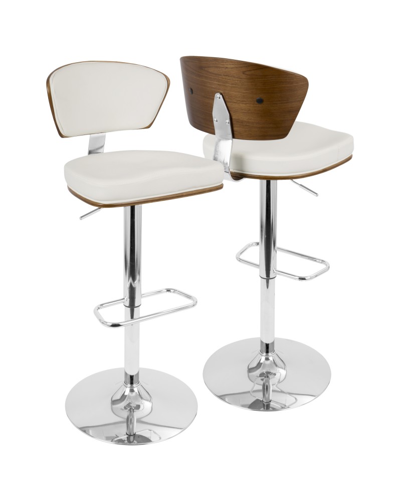 Ravinia Mid-Century Modern Adjustable Barstool with Swivel in Walnut and White Faux Leather