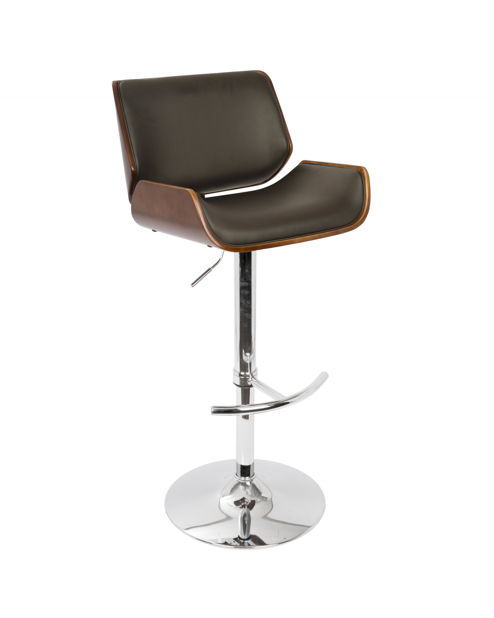 Santi Mid-Century Modern Adjustable Barstool with Swivel in Cherry and Brown Faux Leather