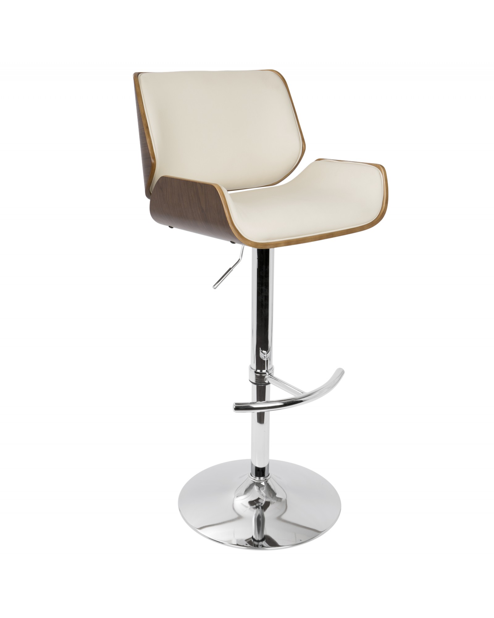 Santi Mid-Century Modern Adjustable Barstool with Swivel in Walnut and Cream Faux Leather