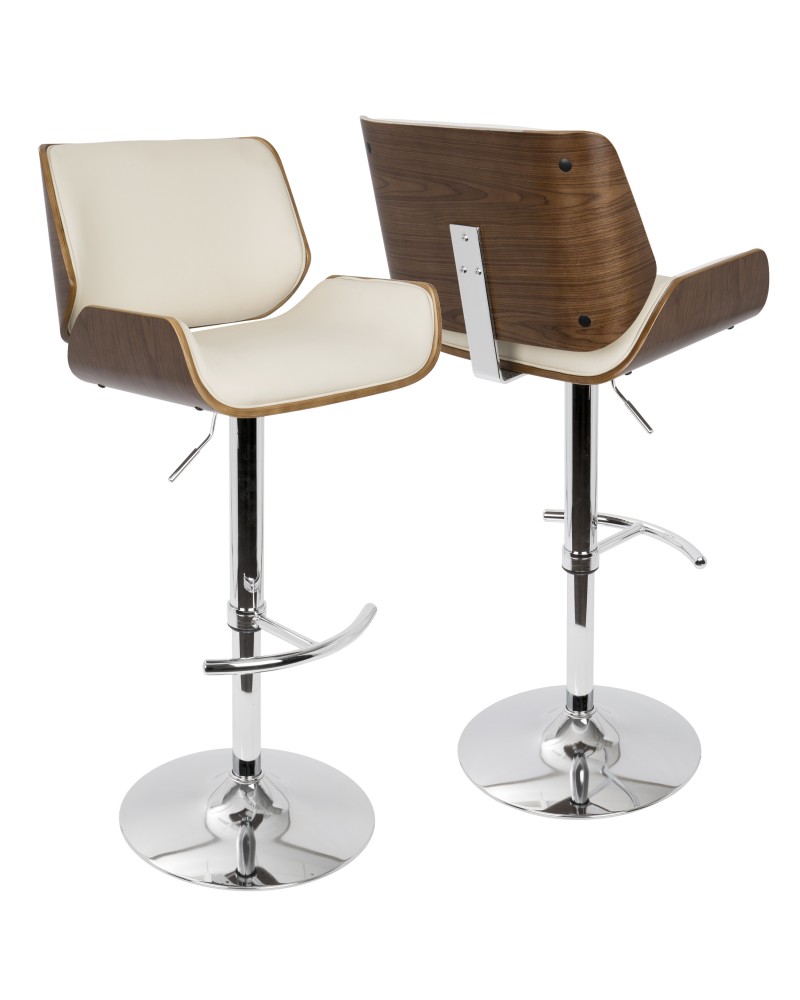 Santi Mid-Century Modern Adjustable Barstool with Swivel in Walnut and Cream Faux Leather