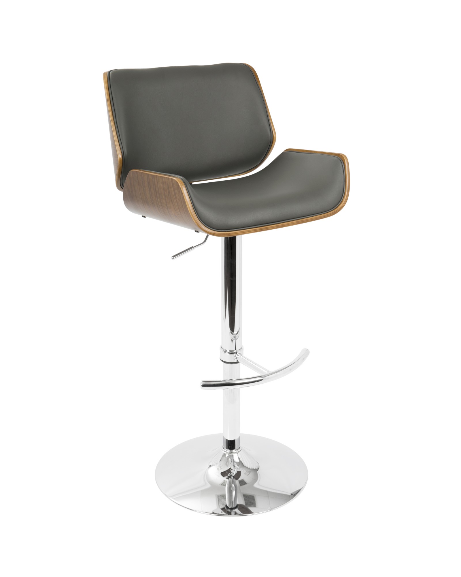 Santi Mid-Century Modern Adjustable Barstool with Swivel in Walnut and Grey Faux Leather