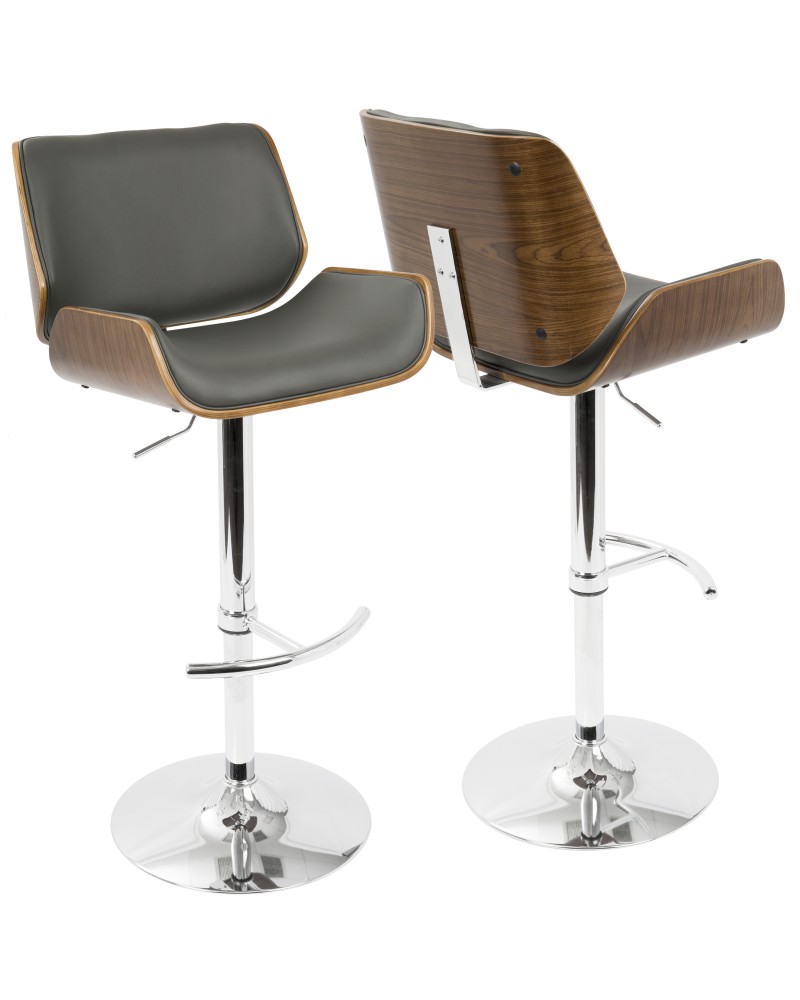 Santi Mid-Century Modern Adjustable Barstool with Swivel in Walnut and Grey Faux Leather