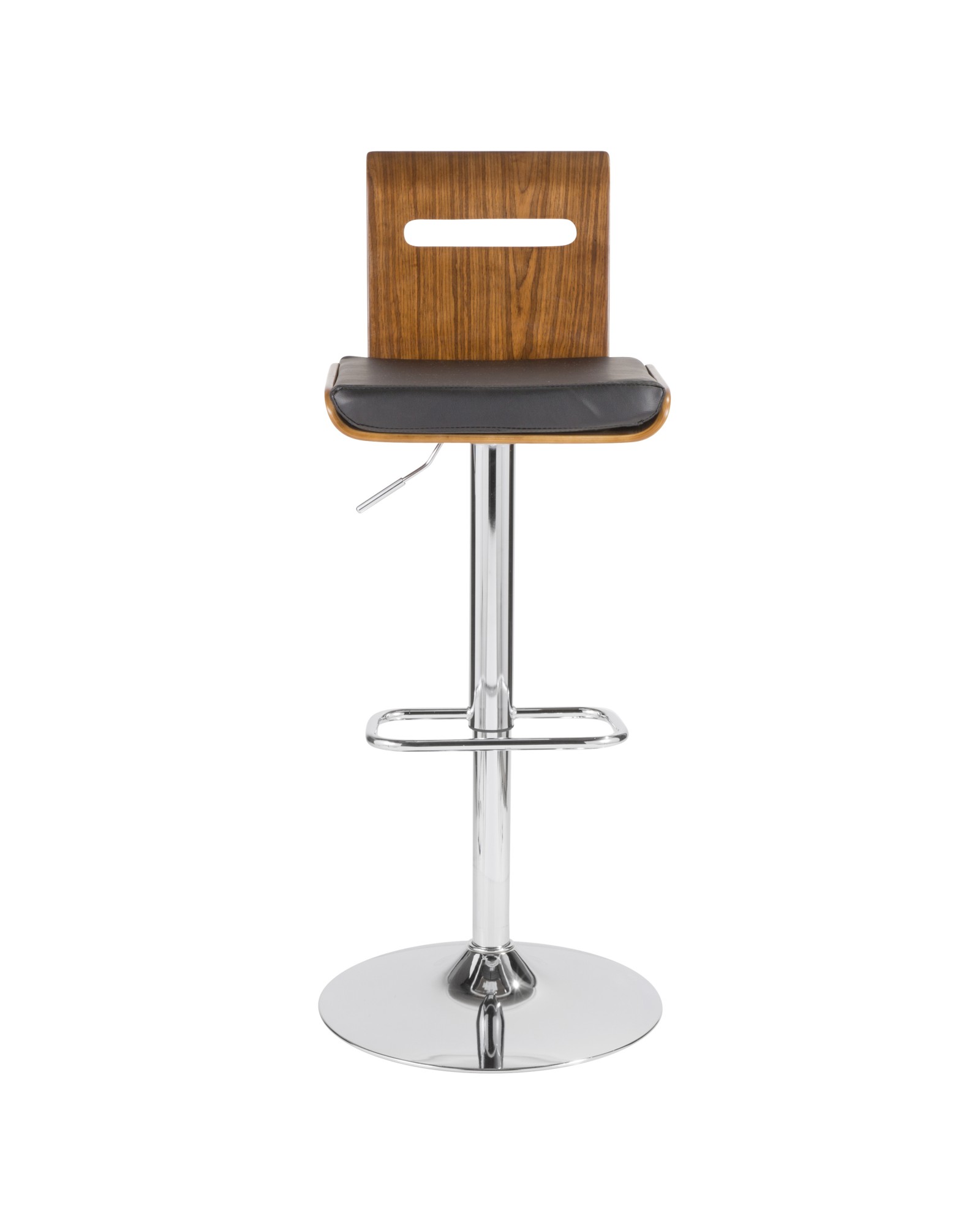 Viera Mid-Century Modern Adjustable Barstool with Swivel in Walnut and Black Faux Leather