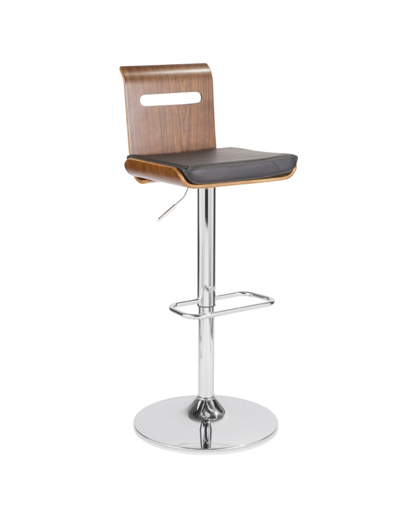 Viera Mid-Century Modern Adjustable Barstool with Swivel in Walnut and Black Faux Leather