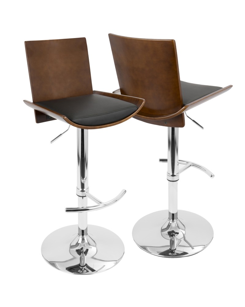 Vittorio Mid-Century Modern Adjustable Barstool with Swivel in Cherry and Black Faux Leather