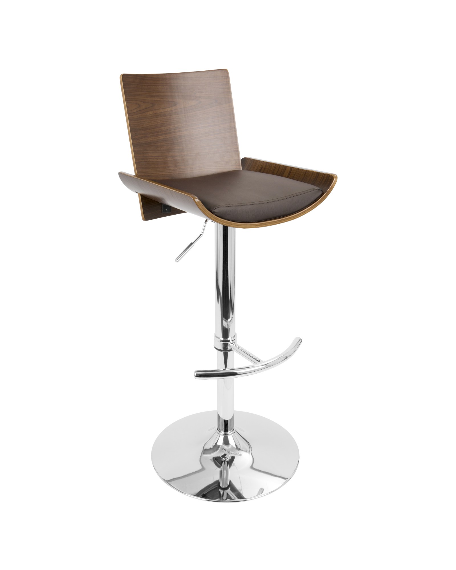 Vittorio Mid-Century Modern Adjustable Barstool with Swivel in Walnut and Brown Faux Leather