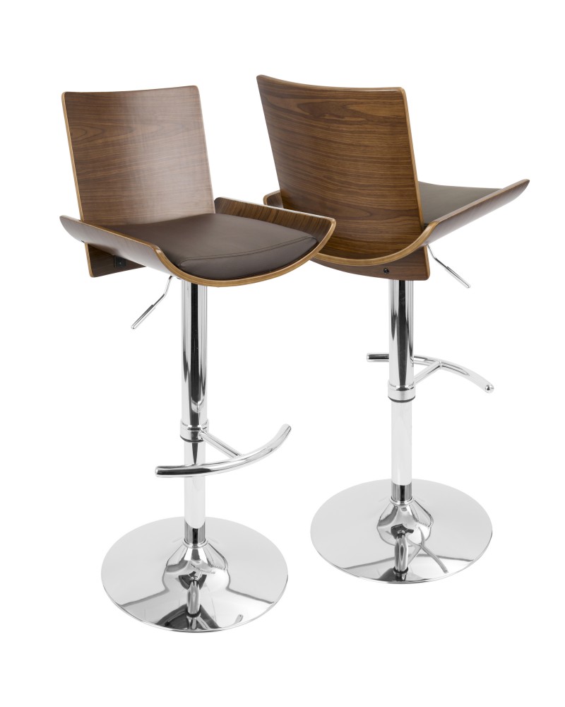 Vittorio Mid-Century Modern Adjustable Barstool with Swivel in Walnut and Brown Faux Leather