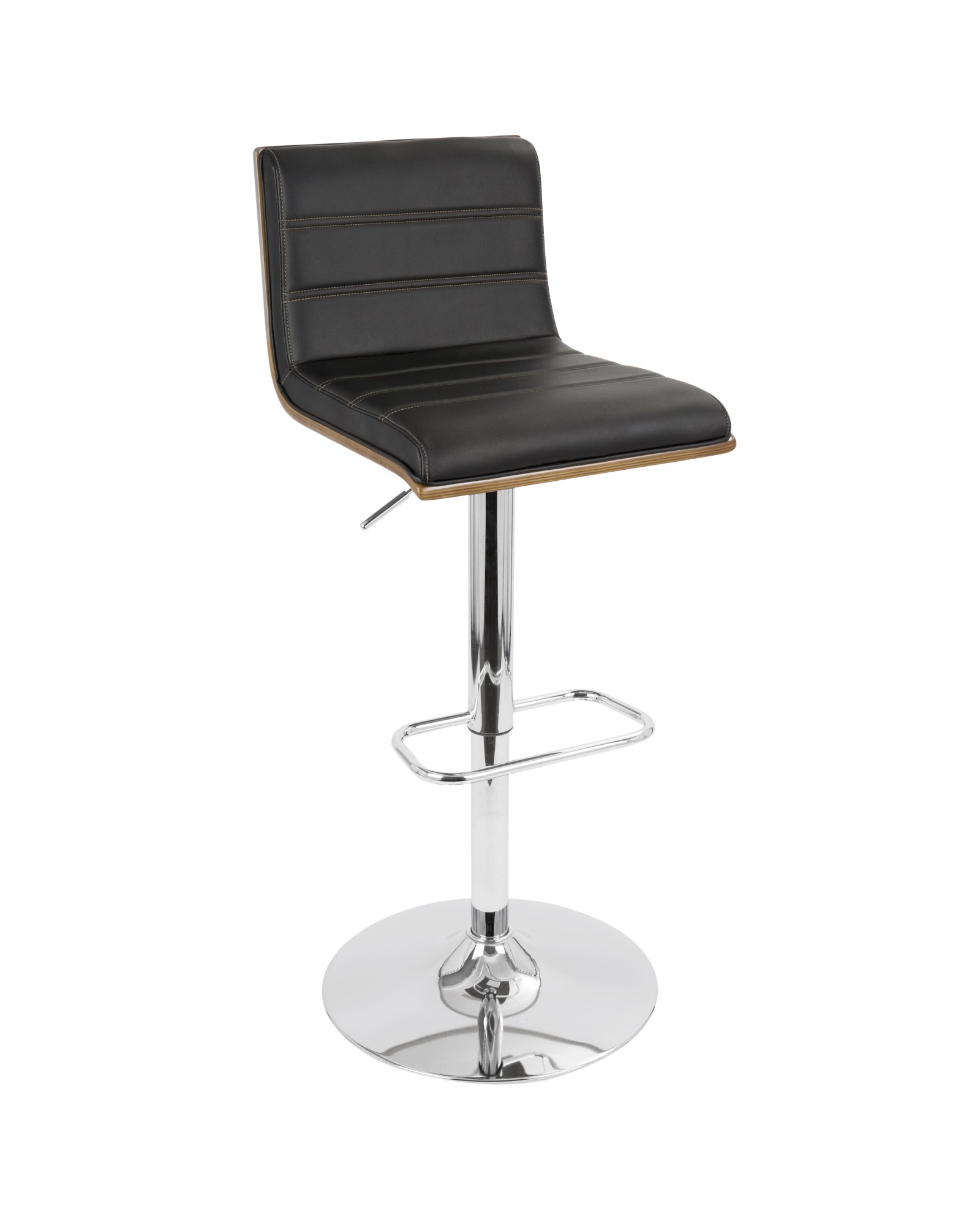 Vasari Mid-Century Modern Adjustable Barstool with Swivel in Walnut and Black Faux Leather