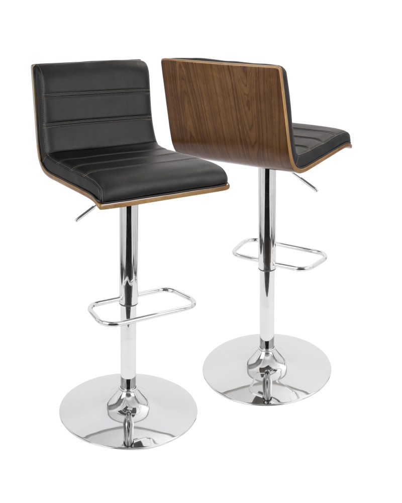 Vasari Mid-Century Modern Adjustable Barstool with Swivel in Walnut and Black Faux Leather