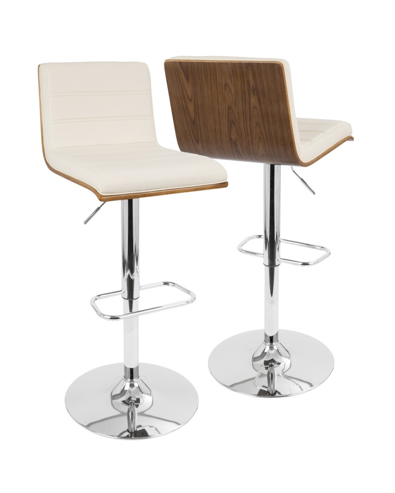 Vasari Mid-Century Modern Adjustable Barstool with Swivel in Walnut and Cream Faux Leather