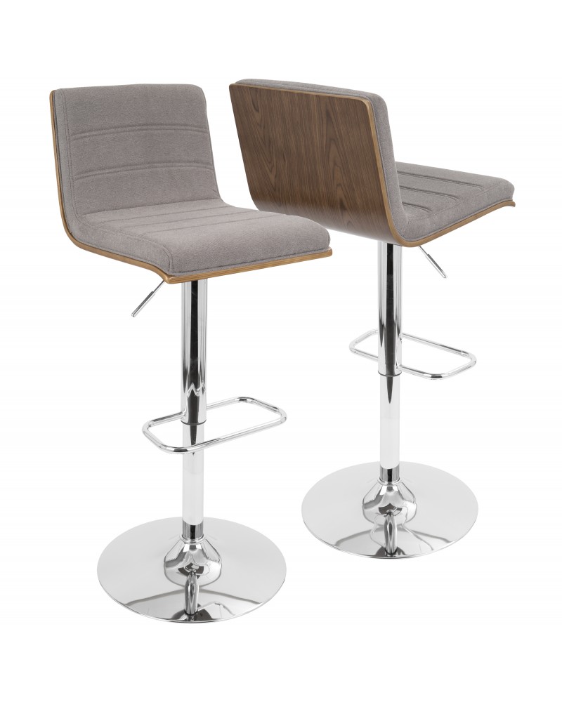 Vasari Mid-Century Modern Adjustable Barstool with Swivel in Walnut and Grey Fabric