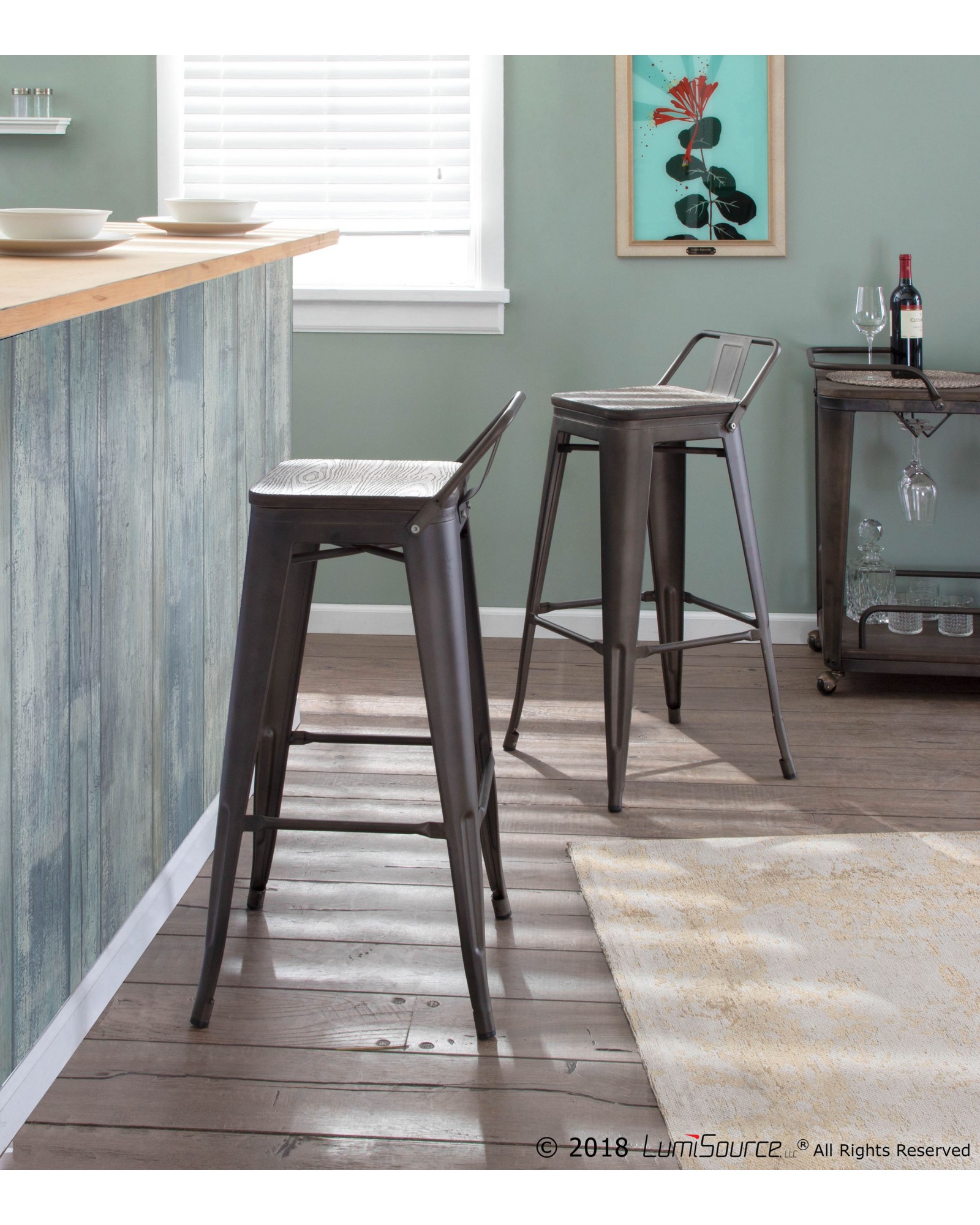 Oregon Industrial Low Back Barstool in Antique and Espresso - Set of 2