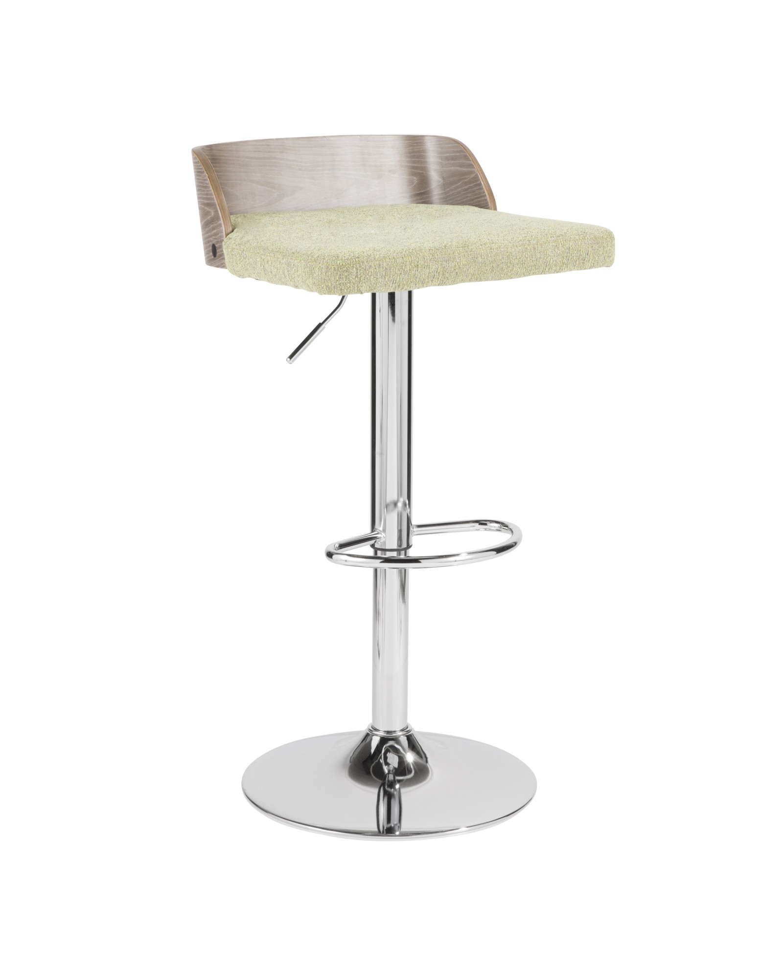 Maya Mid-Century Modern Adjustable Barstool in Light Grey Wood and Light Green Fabric