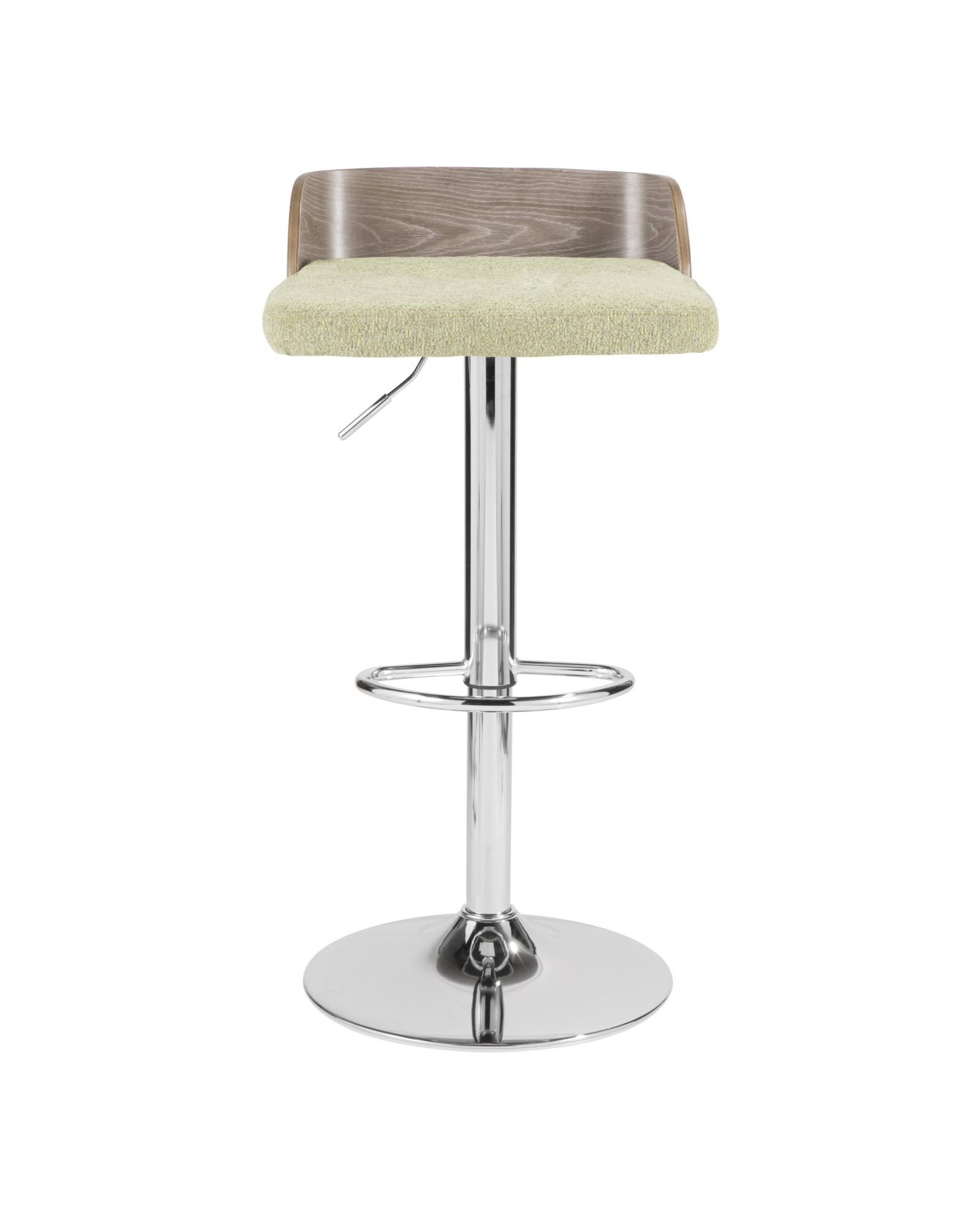 Maya Mid-Century Modern Adjustable Barstool in Light Grey Wood and Light Green Fabric