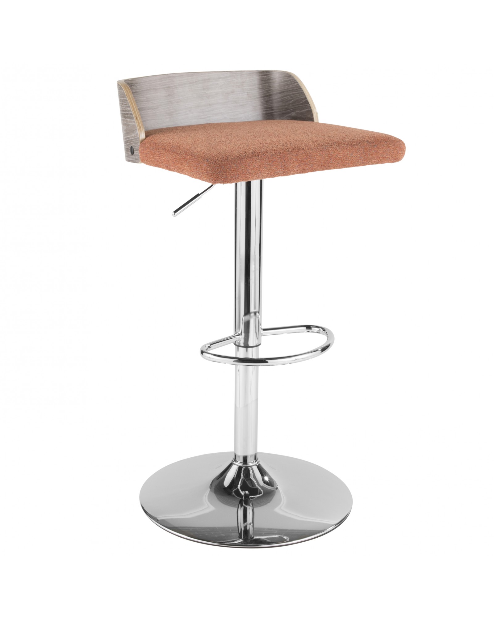 Maya Mid-Century Modern Adjustable Barstool in Light Grey Wood and Orange Fabric