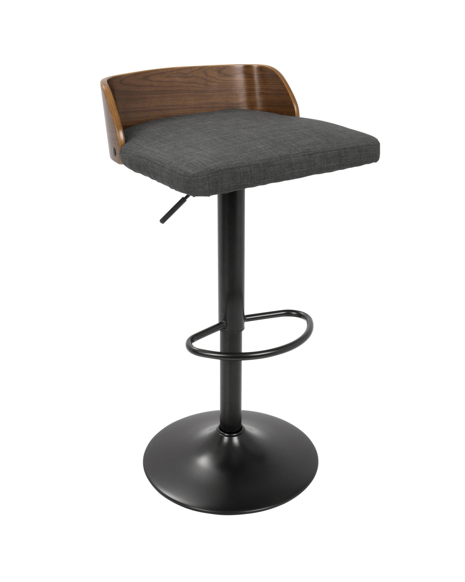 Maya Mid-Century Modern Adjustable Barstool in Walnut Wood and Charcoal Fabric