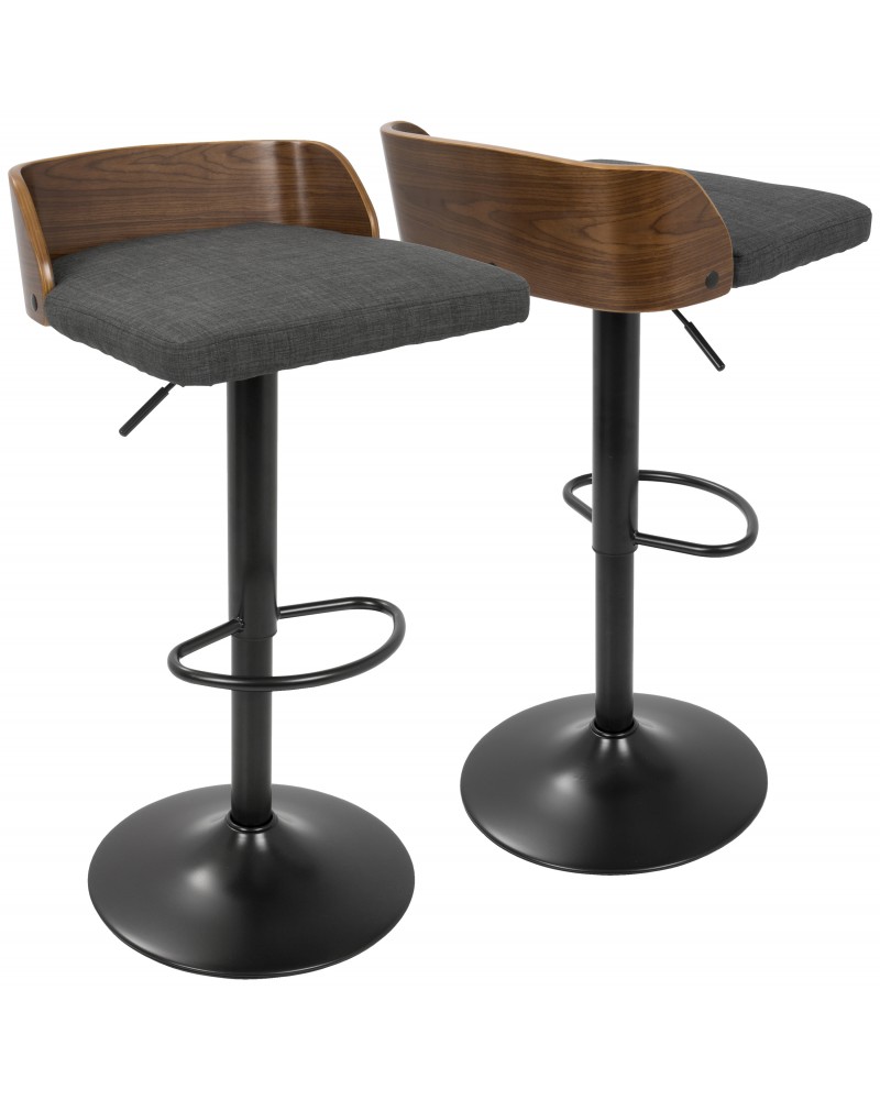 Maya Mid-Century Modern Adjustable Barstool in Walnut Wood and Charcoal Fabric