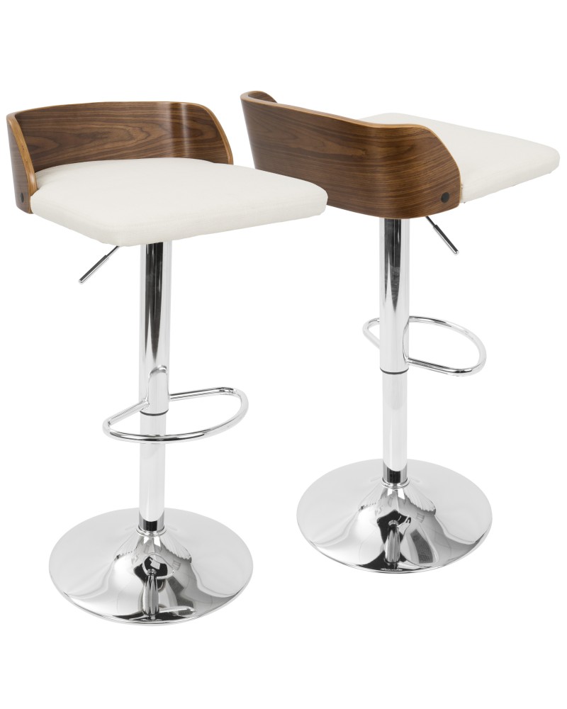 Maya Mid-Century Modern Adjustable Barstool in Walnut Wood and Cream Fabric