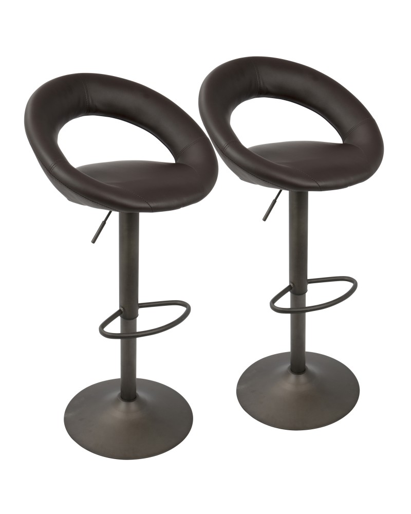 Metro Contemporary Adjustable Barstool in Antique with Brown Faux Leather - Set of 2