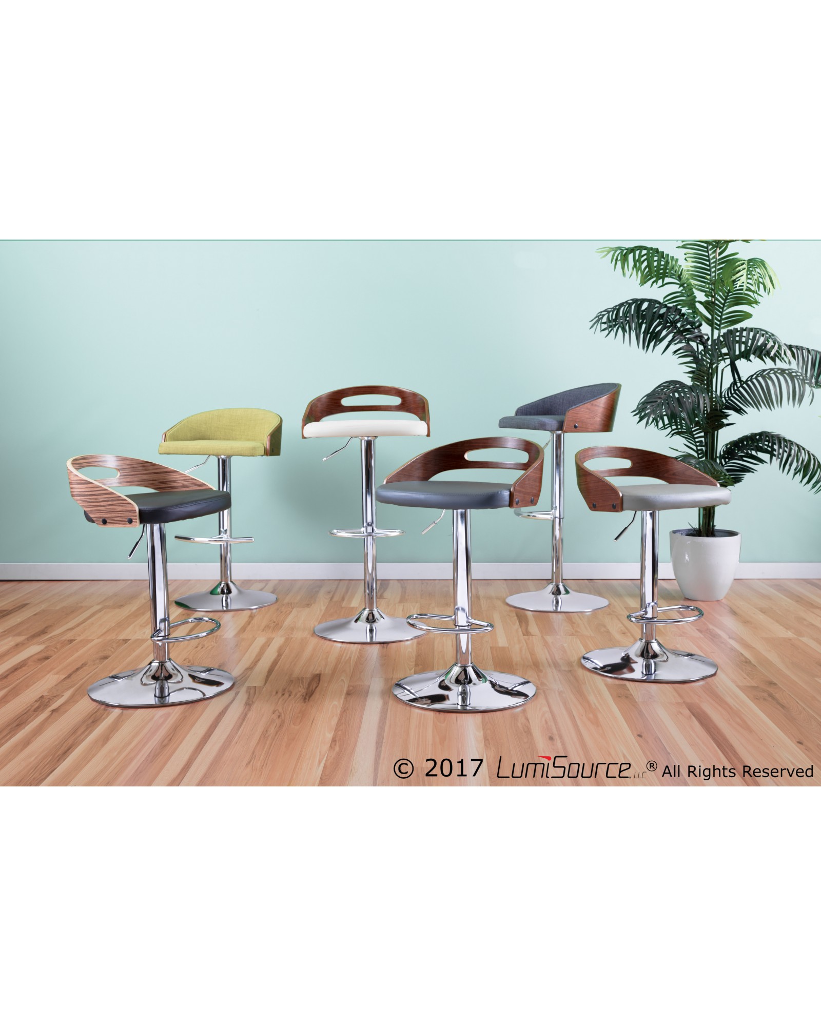 Shiraz Mid-Century Modern Adjustable Barstool in Walnut and Green