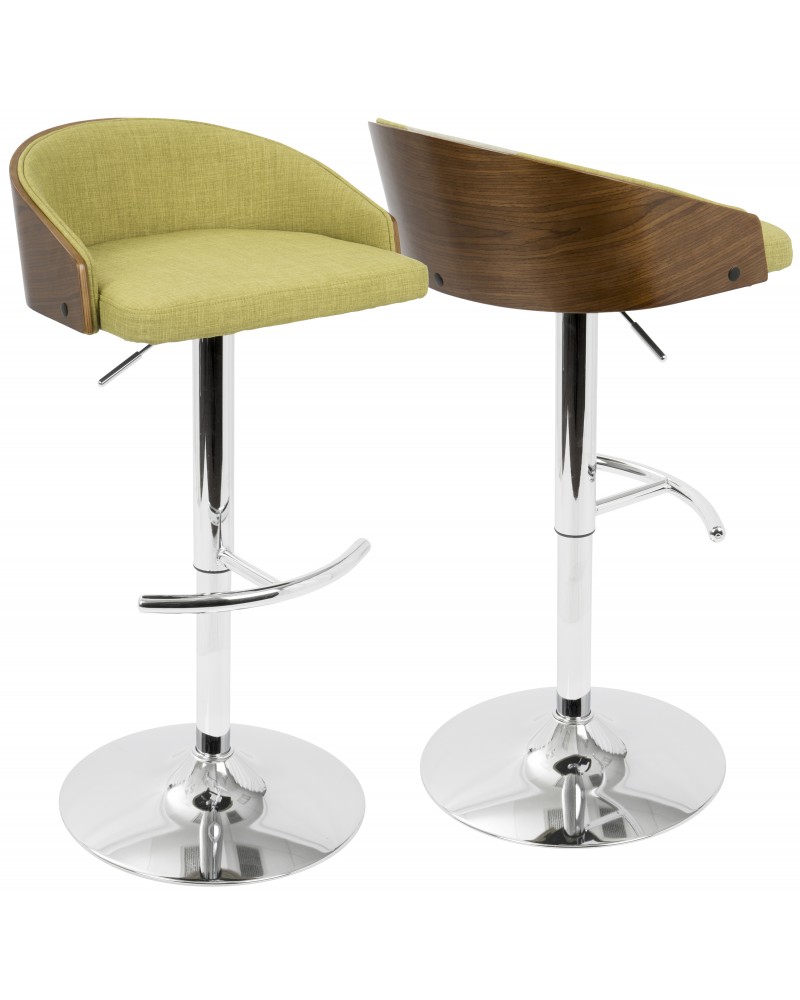 Shiraz Mid-Century Modern Adjustable Barstool in Walnut and Green