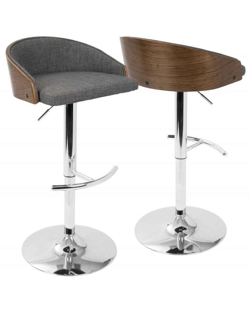 Shiraz Mid-Century Modern Adjustable Barstool in Walnut and Grey