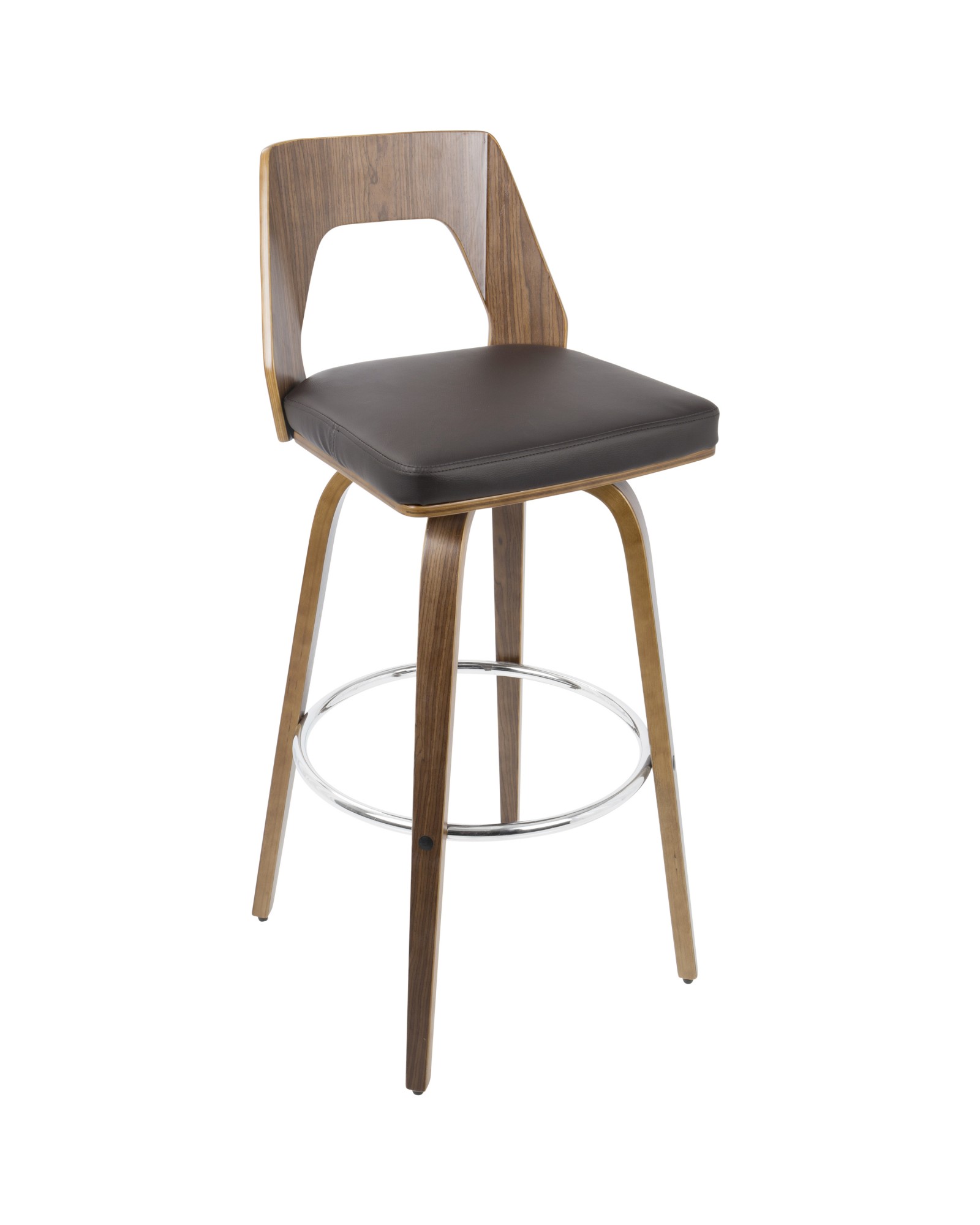 Trilogy Mid-Century Modern Barstool In Walnut And Brown Faux Leather
