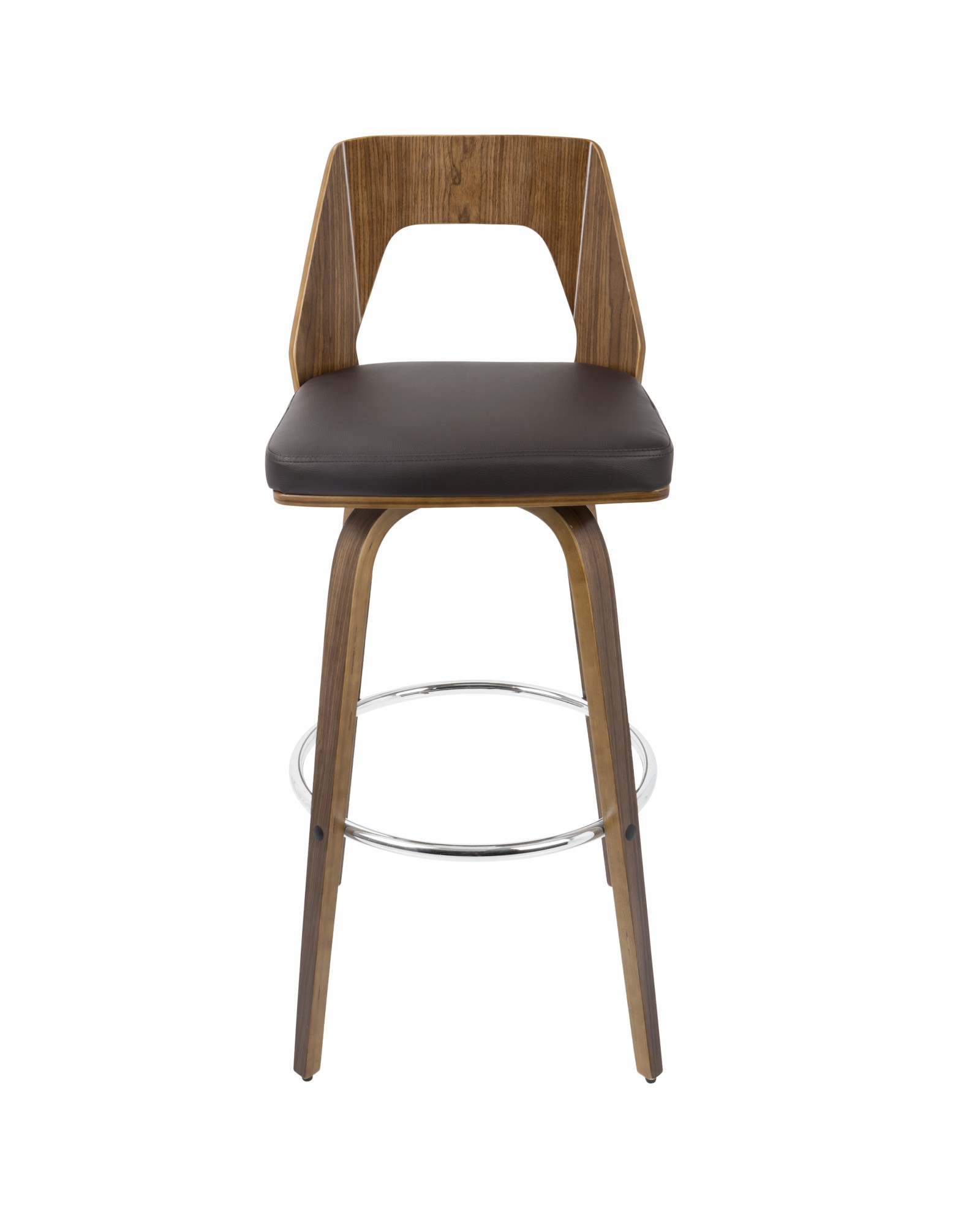 Trilogy Mid-Century Modern Barstool In Walnut And Brown Faux Leather