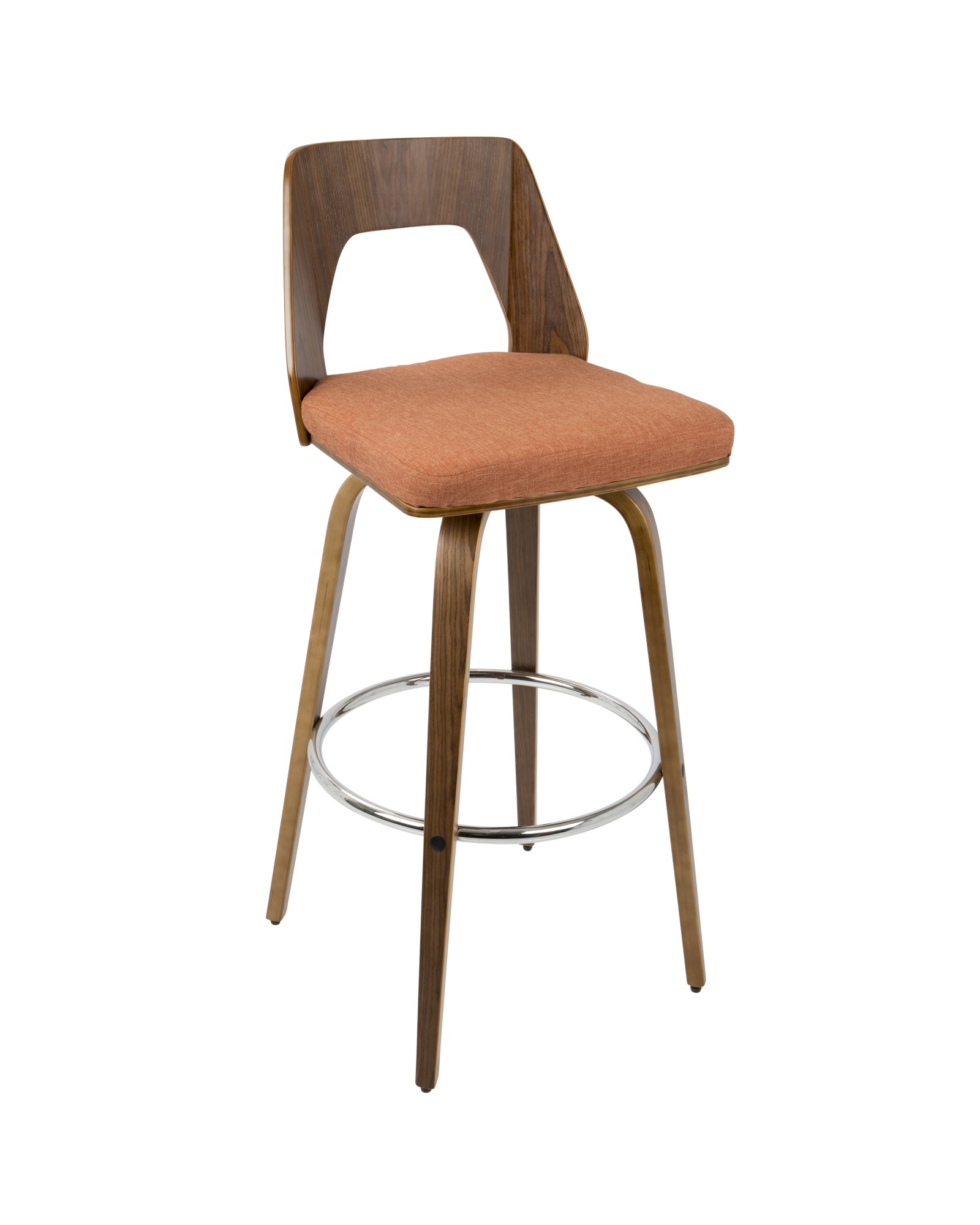 Trilogy Mid-Century Modern Barstool in Walnut and Orange Fabric