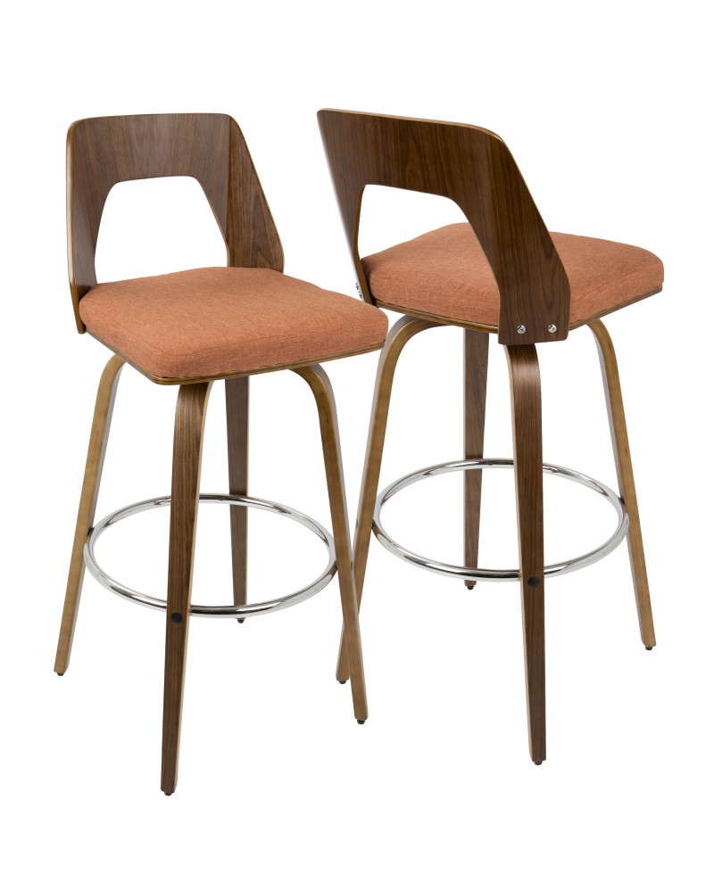 Trilogy Mid-Century Modern Barstool in Walnut and Orange Fabric