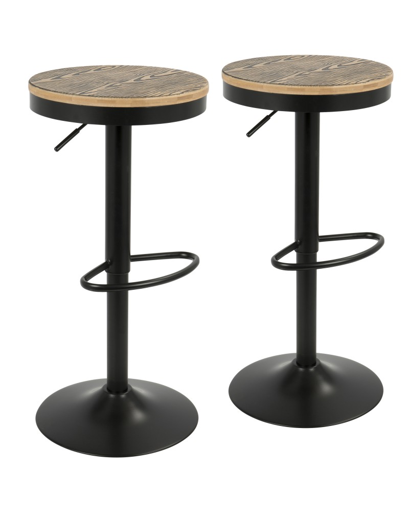 Dakota Industrial Adjustable Barstool with Swivel in Black Metal and Brown Pressed, Wood Grain Bamboo - Set of 2