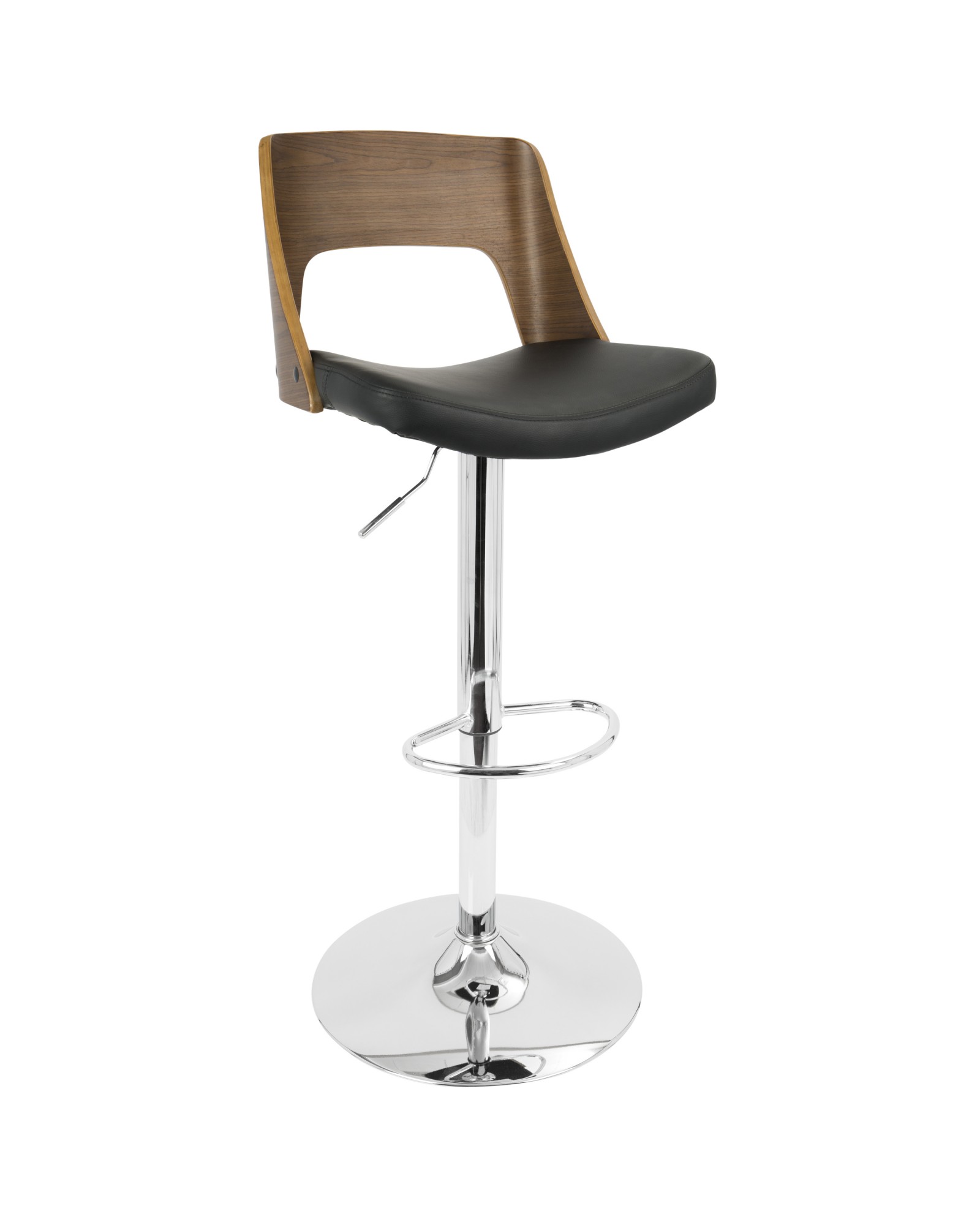 Valencia Mid-Century Modern Adjustable Barstool with Swivel in Walnut and Black Faux Leather