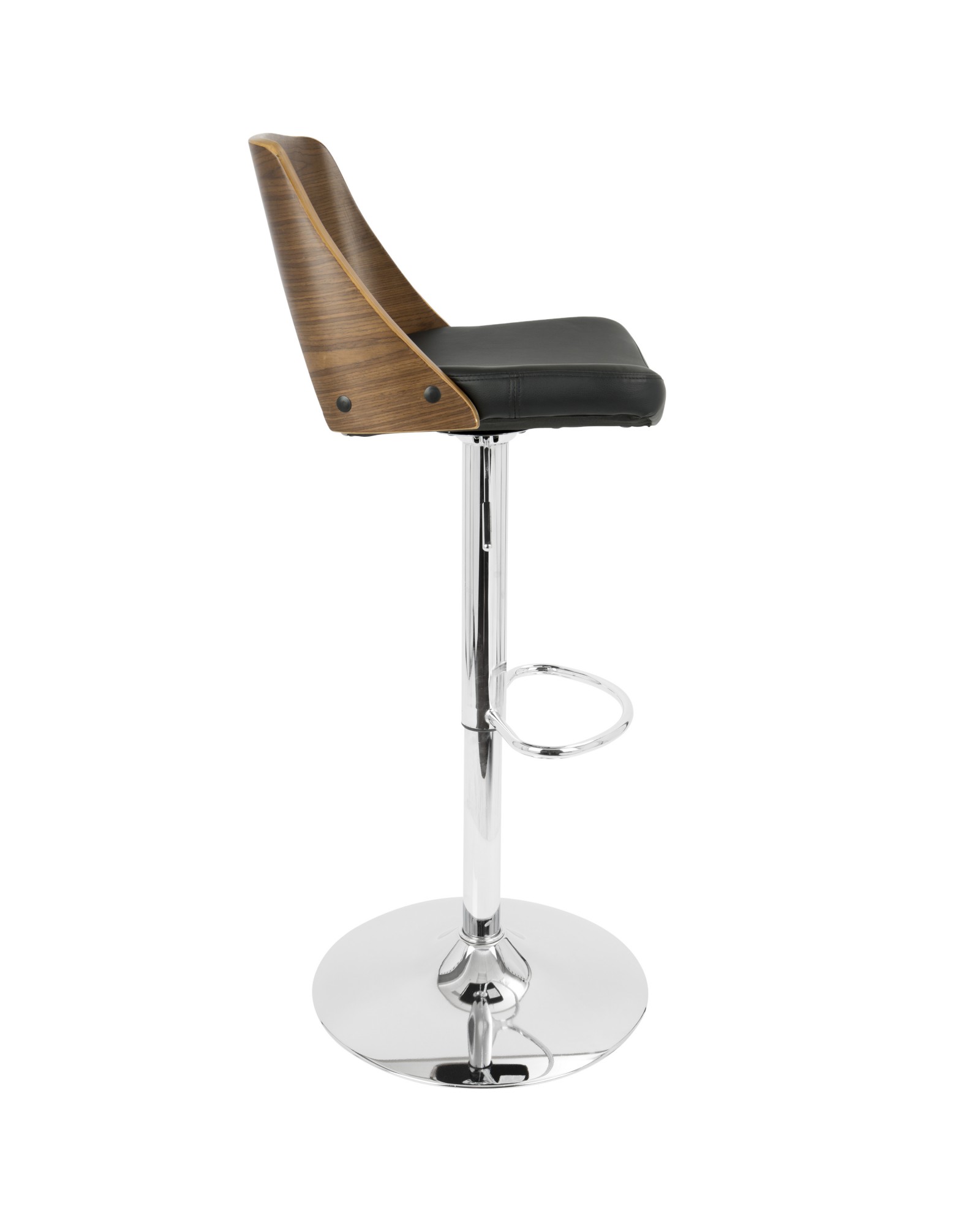 Valencia Mid-Century Modern Adjustable Barstool with Swivel in Walnut and Black Faux Leather
