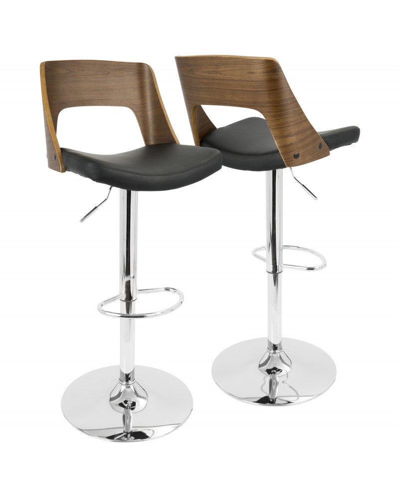 Valencia Mid-Century Modern Adjustable Barstool with Swivel in Walnut and Black Faux Leather