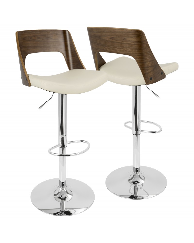 Valencia Mid-Century Modern Adjustable Barstool with Swivel in Walnut and Cream Faux Leather