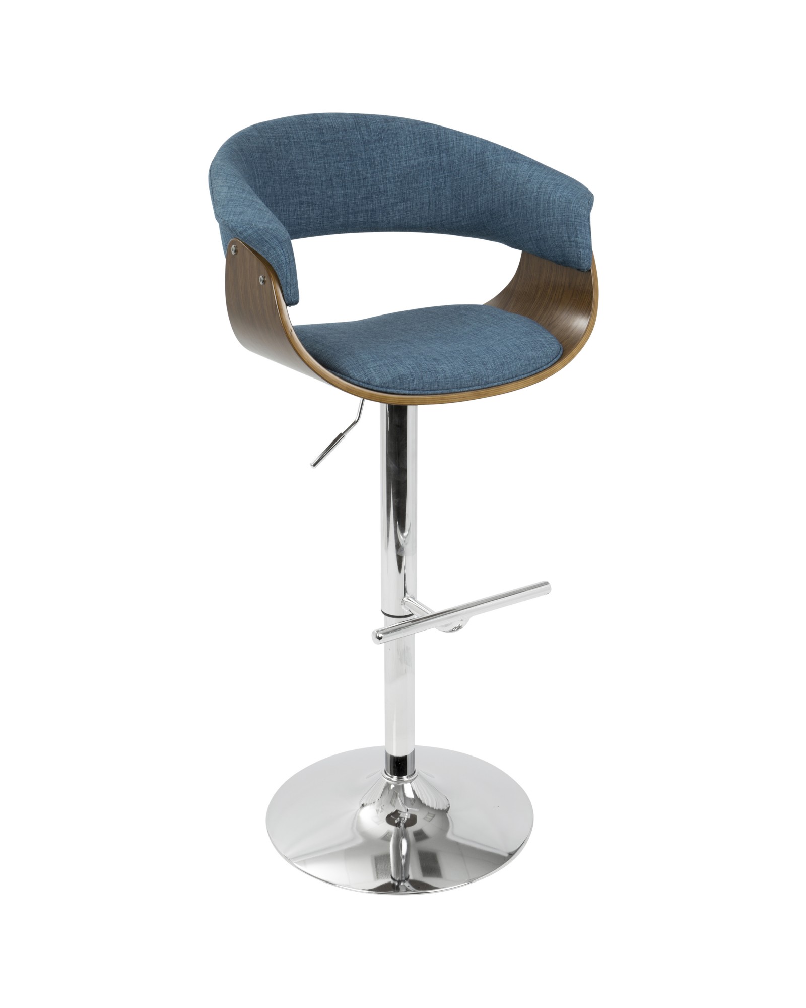Vintage Mod Mid-Century Modern Adjustable Barstool with Swivel in Walnut and Blue Fabric