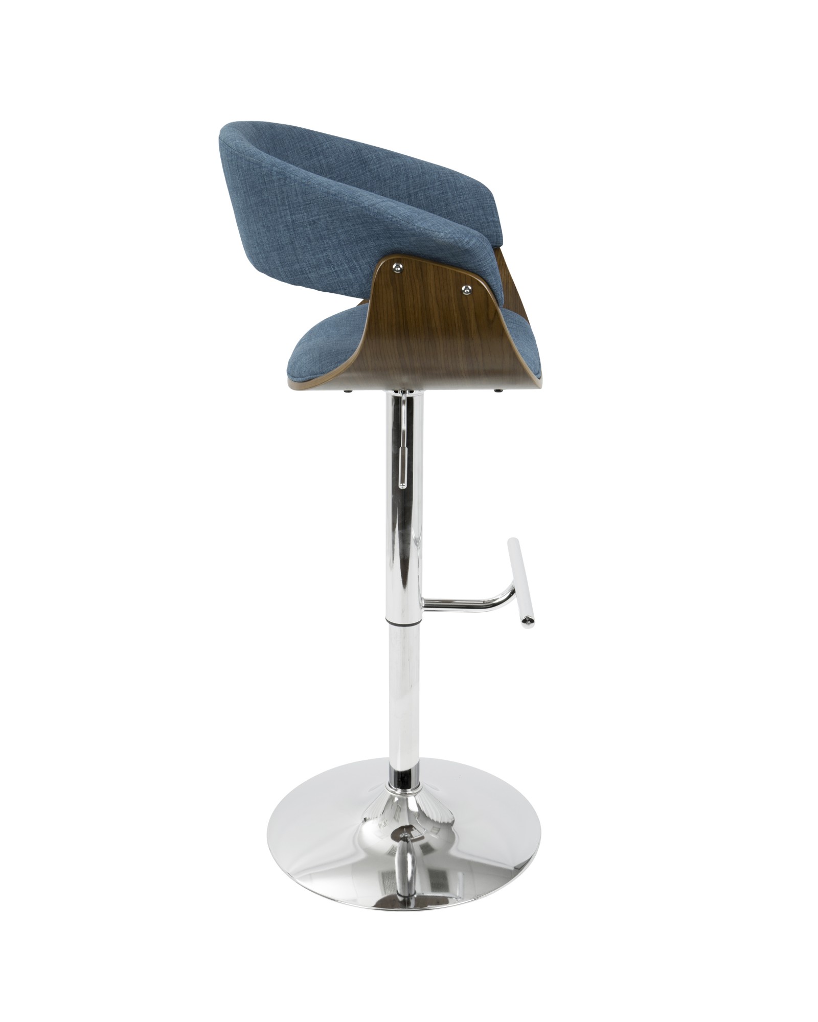 Vintage Mod Mid-Century Modern Adjustable Barstool with Swivel in Walnut and Blue Fabric