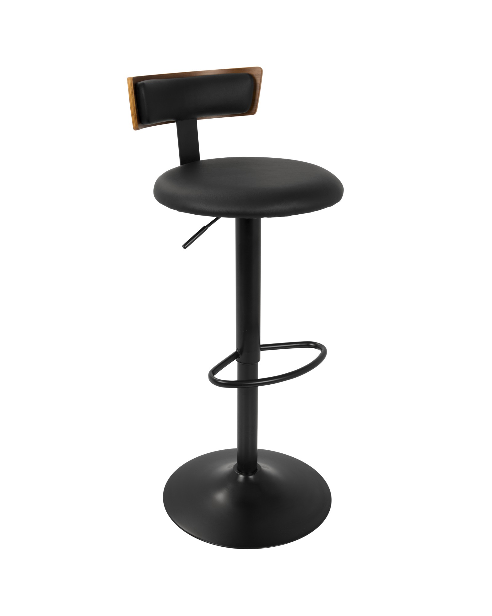 Weller Contemporary Barstool with Black Frame, Walnut Wood, and Black Faux Leather