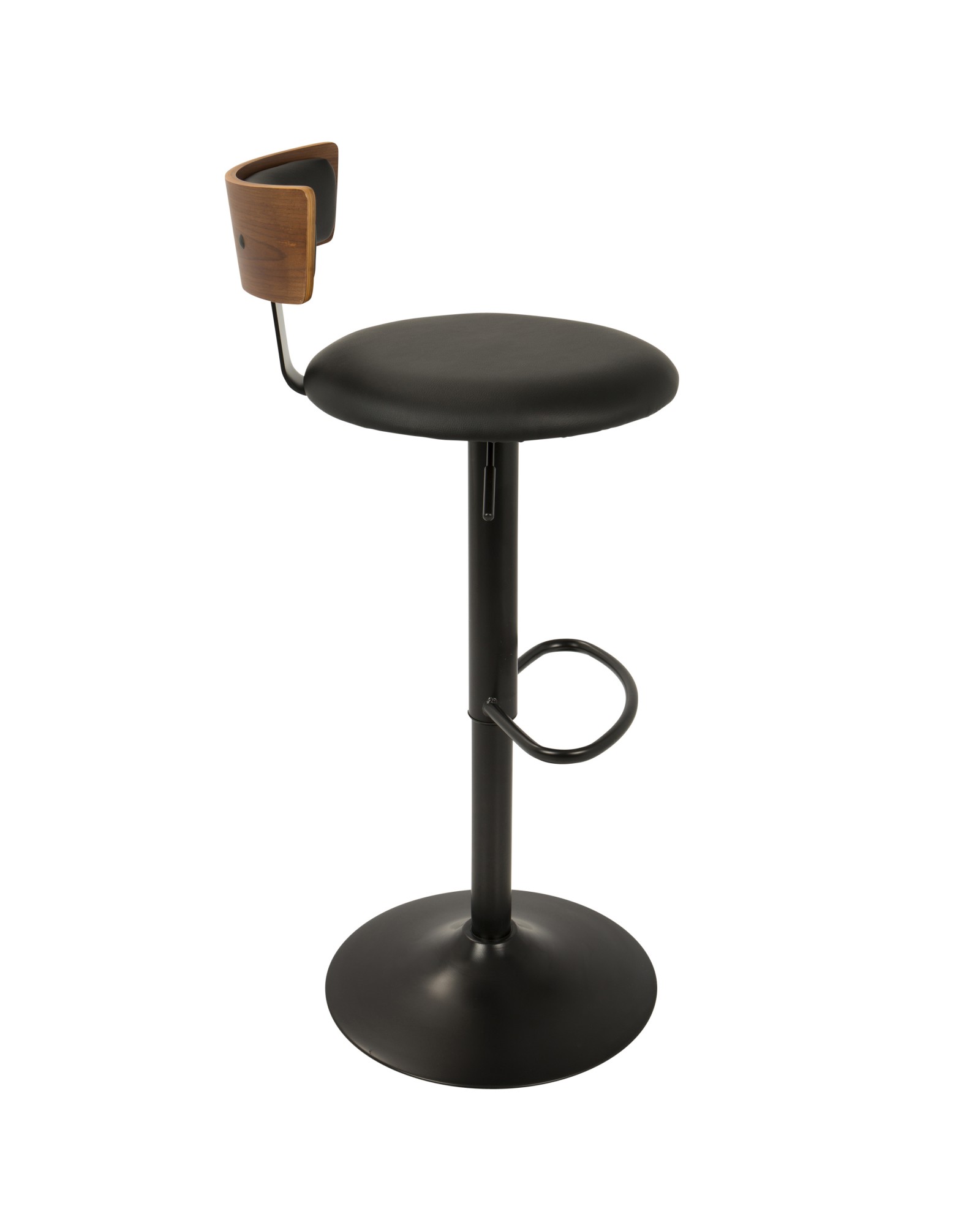 Weller Contemporary Barstool with Black Frame, Walnut Wood, and Black Faux Leather