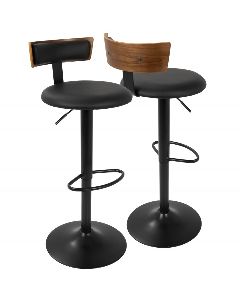 Weller Contemporary Barstool with Black Frame, Walnut Wood, and Black Faux Leather