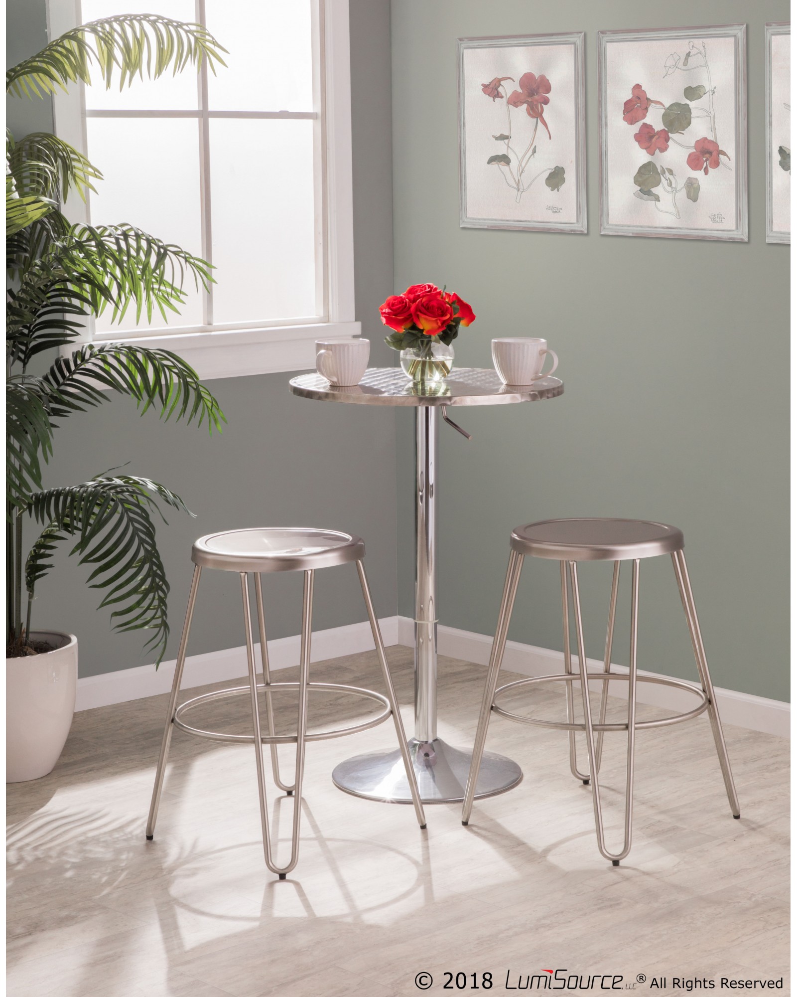 Bistro Contemporary Adjustable Round Bar Table in Silver