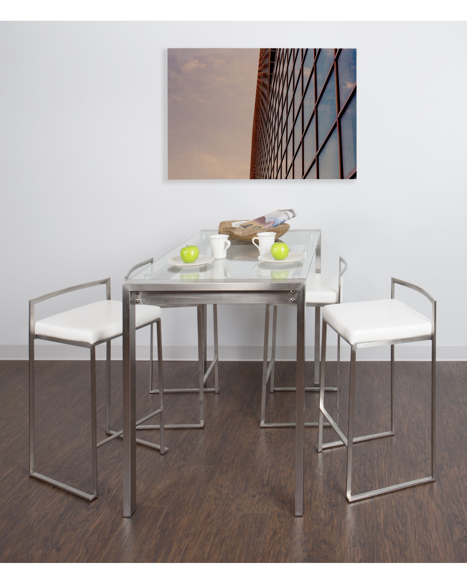 Fuji 5-Piece Contemporary Counter Height Dining Set in Stainless Steel and White