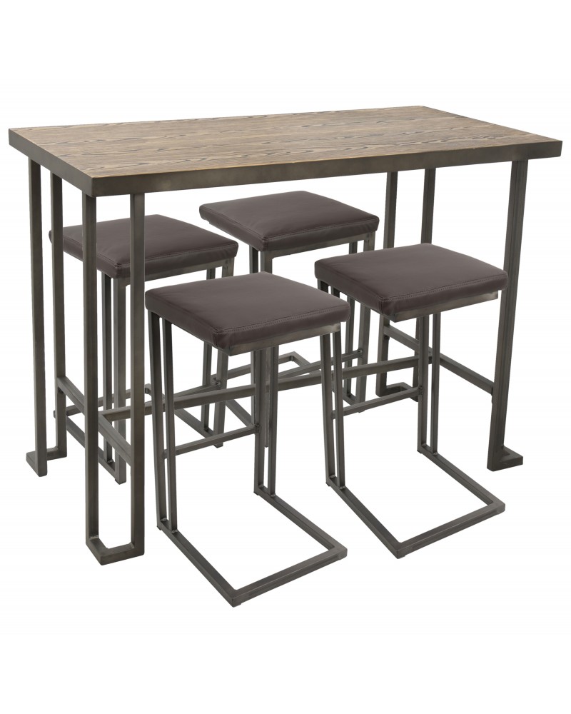 Roman 5-Piece Industrial Counter Height Dining Set in Antique and Brown