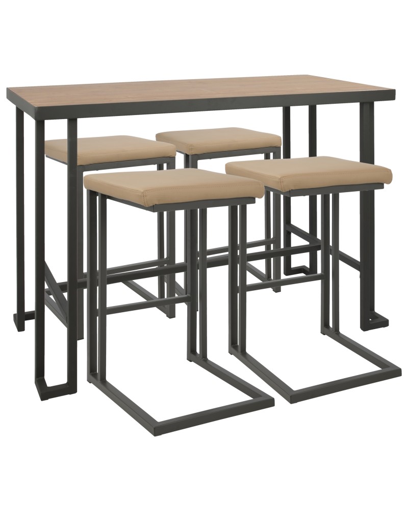 Roman 5-Piece Industrial Counter Height Dining Set in Grey and Camel