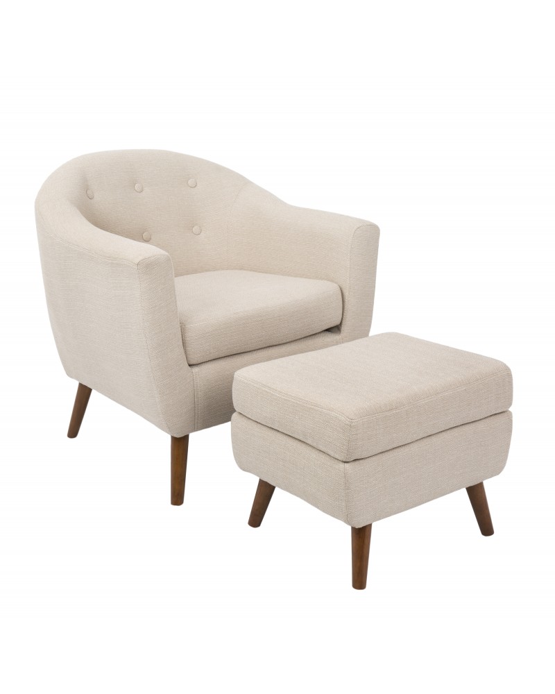 Rockwell Mid-Century Modern Accent Chair and Ottoman in Beige