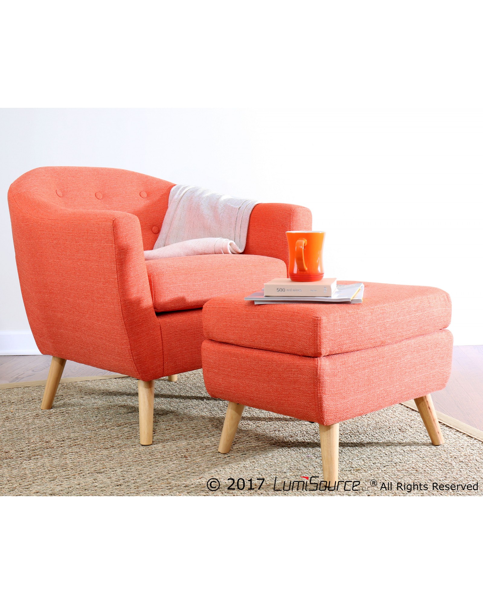 Rockwell Mid-Century Modern Accent Chair and Ottoman in Orange