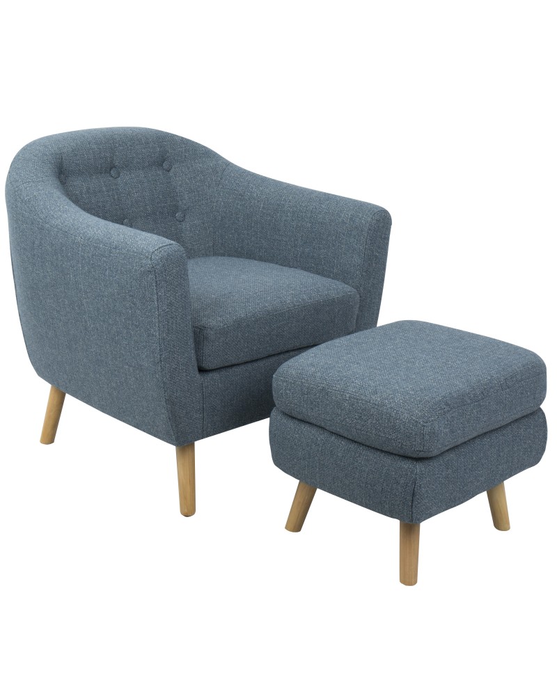 Rockwell Mid-Century Modern Accent Chair and Ottoman in Blue Noise Fabric